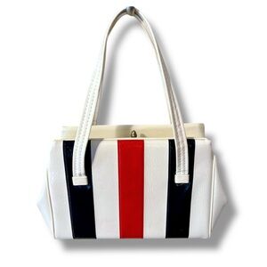 Vintage Retro Patent White Red Blue Stripe Handbag Kisslock Closure 1960s Mod